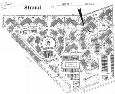 Plan der FKK-Anlage OASIS, Pfeil zeigt auf die FeWo M02